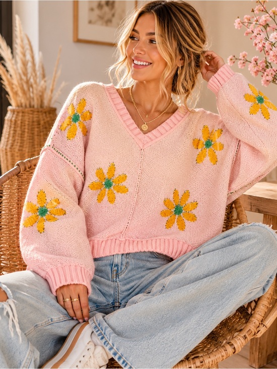 POL Sweaters - POL Floral Chenille Sweater Pink Mojito Daisy Print V-Neck NWT Size M